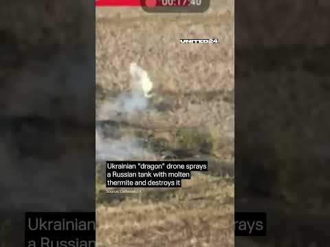 Ukrainian &quot;dragon&quot; drone sprays a Russian tank with molten thermite and destroys it #warinukraine